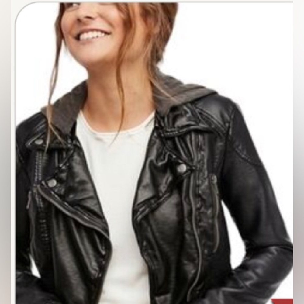 Free People Black Leather Moto Jacket with Hood